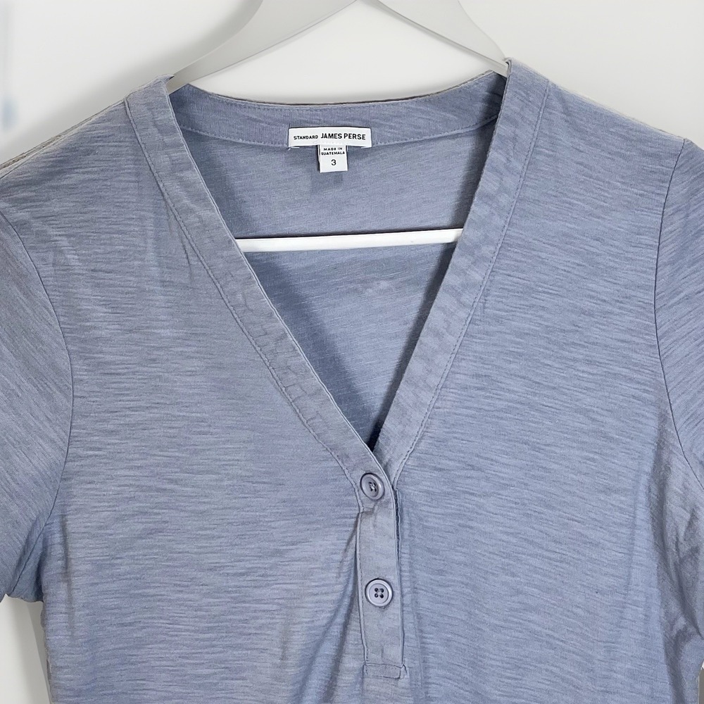 James Perse Womens Sz 3 Large Henley Tee V-neck Short Sleeve Top Gray Lavender